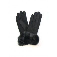 Pom Black faux Suede Gloves With Faux Fur Cuff