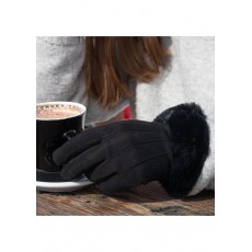 Pom Black faux Suede Gloves With Faux Fur Cuff