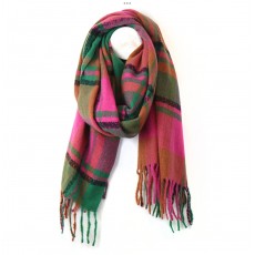 Pom Bright/Pink Check Winter Scarf With Twist Fringe