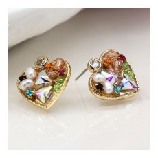 Pom Faux Gold Heart & Crystal Stud Earrings