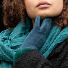 Pom Teal Faux Suede Gloves With Faux Cuff