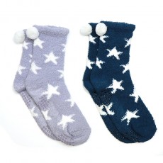 Pom Teal/Grey Star Print 2Pair Pack Cosy Socks