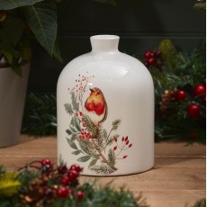 Christmas Robin Vase White Ceramic