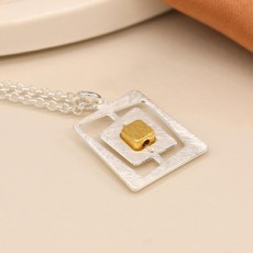 POM Brushed Silver Plated Square Pendant Necklace with Gold Centre