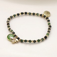 POM Faux Gold & Green Beaded Bumblebee Bracelet with Green Crystal