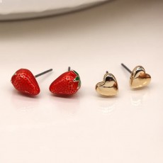 POM Faux Gold Heart & Strawberry Stud Earrings 2 Pair Pack