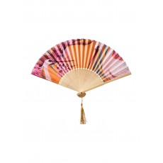 Powder Oriental Crane Satin Hand Fan Ochre