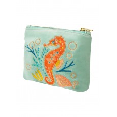 Powder Sparkling Seahorse Velvet Mini Pouch Aqua