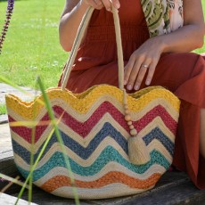 POM Multicolour Wavy Lined Jute Woven Bag with Tassel