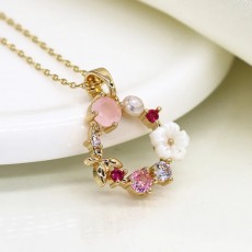 POM Shell/Pink Mix Floral Wreath Faux Gold Plated Necklace