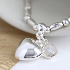 POM Shiny Silver Puff Heart Bracelet with Clear Crystal Charm