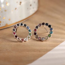 POM Silver Plated Circle Stud Earrings with Muticolour Crystal Inset