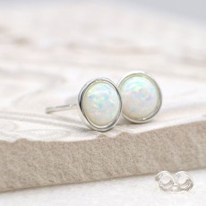 POM Sterling Silver Round Synth White Opal Stud