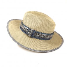 POM Paper Straw Hat with Blue Lurex Trim & Crystal/Sequin Embellished Band