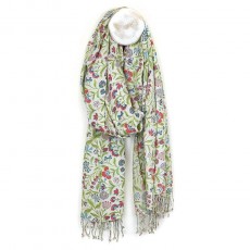 POM White Multi Wildflower Meadow Print Modal Scarf with Fringe Trim