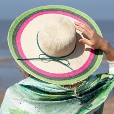 POM Wide Brim Sun Hat with Pink/Green Woven Border Detail