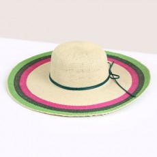 POM Wide Brim Sun Hat with Pink/Green Woven Border Detail