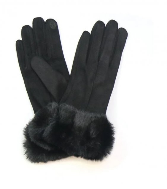 Pom Black faux Suede Gloves With Faux Fur Cuff