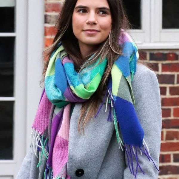 Pom Blue/Green Mix Colour Block Checked Scarf