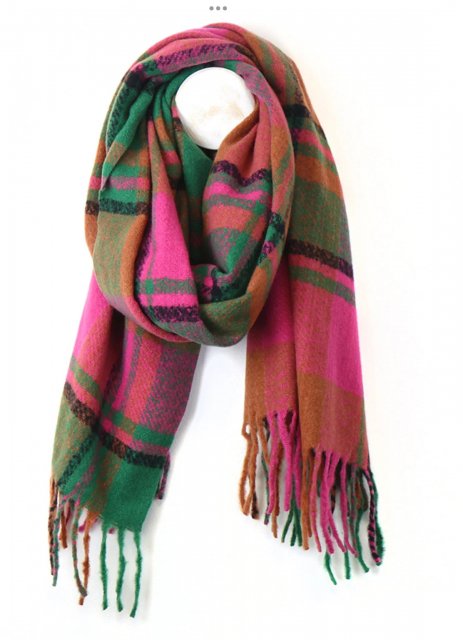 Pom Bright/Pink Check Winter Scarf With Twist Fringe