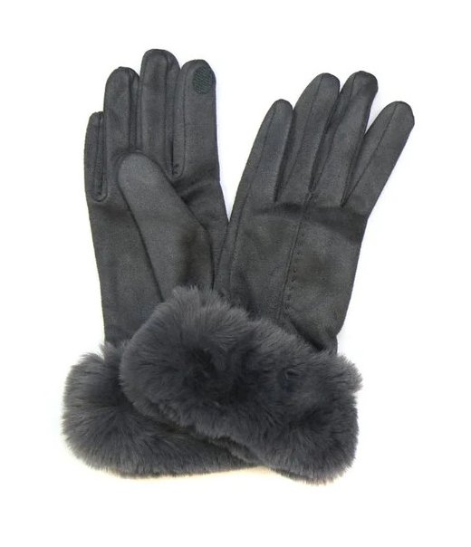 Pom Dark Grey Faux Suede Gloves With Faux Fur Cuff