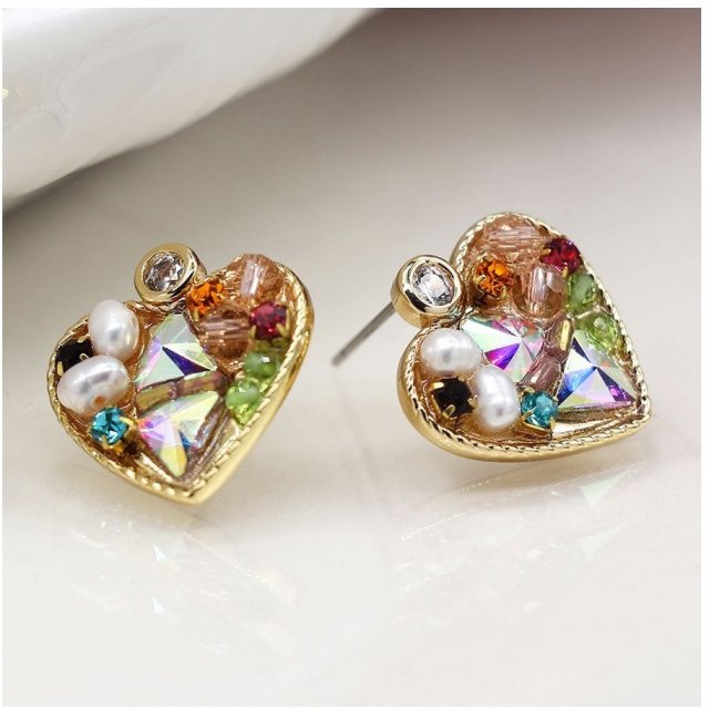 Pom Faux Gold Heart & Crystal Stud Earrings