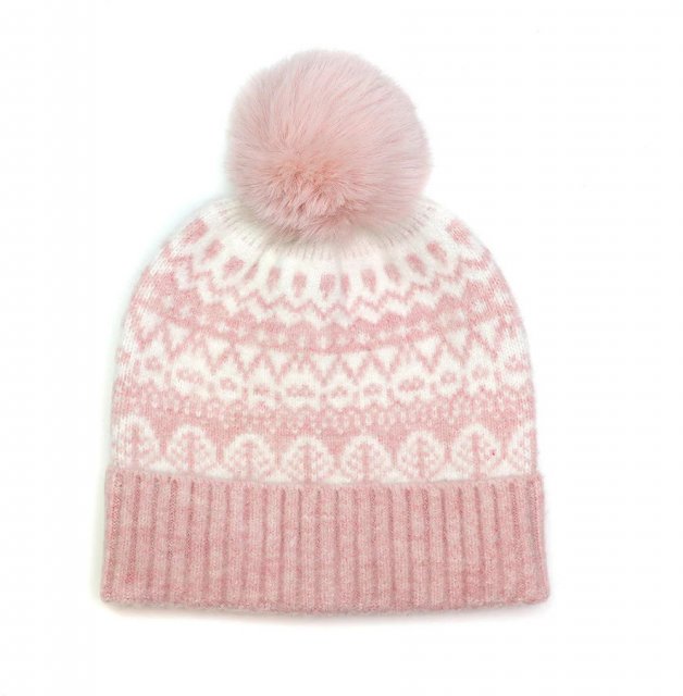 Pom Pale Pink Fairisle Soft Wool Blend Hat