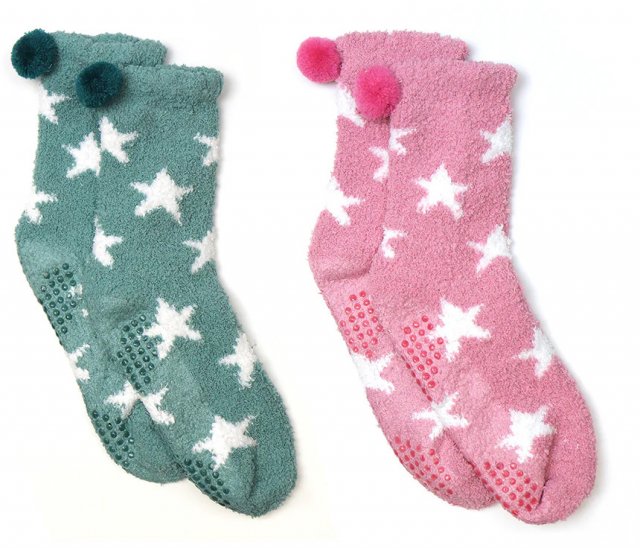 Pom Seafoam/Pink Star Print 2Pair Pack Cosy Socks