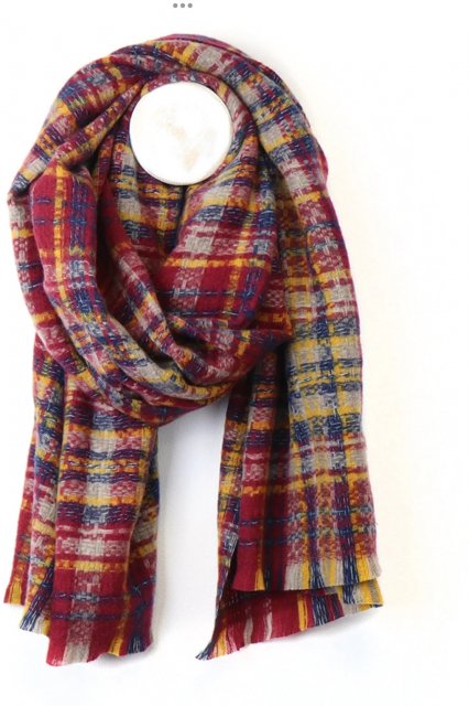 Pom Tartan Check Fluffy Winter Scarf