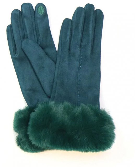 Pom Teal Faux Suede Gloves With Faux Cuff