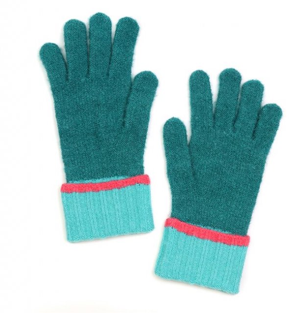 Pom Teal With Turquoise Cuff Recycled Yarn Gloves