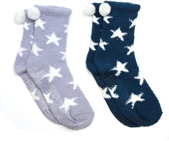 Pom Teal/Grey Star Print 2Pair Pack Cosy Socks