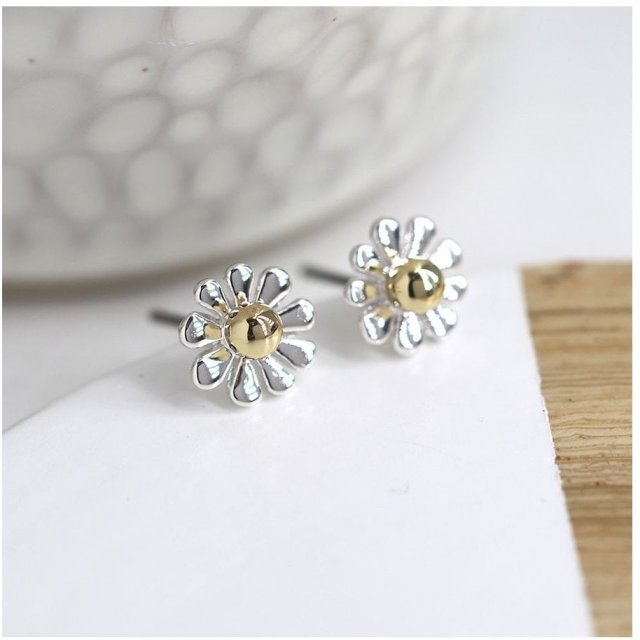 Pom Tiny Silver Plated Daisy Studs, Gold Centre