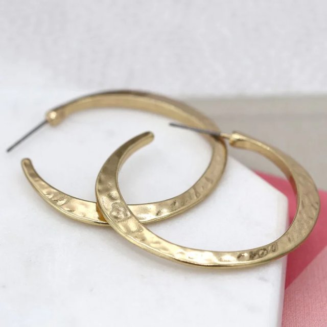 Pom Worn Gold Hammered Hoop Earrings