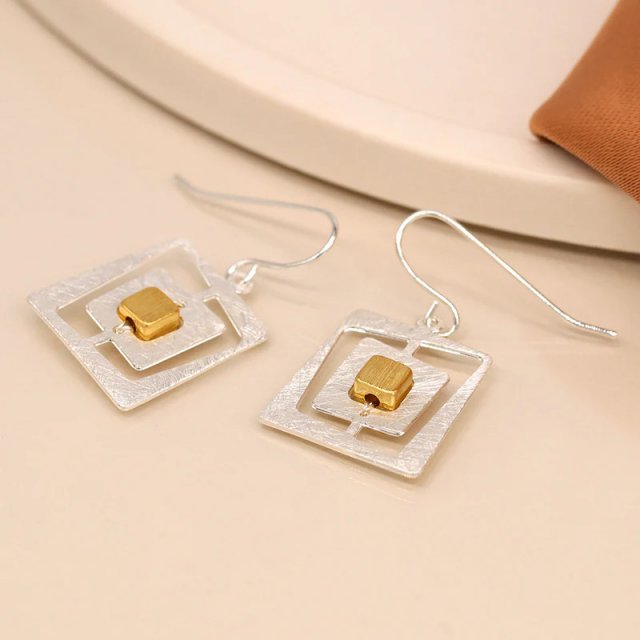 POM Brushed Silver Plated Square Earrings with Gold Centre