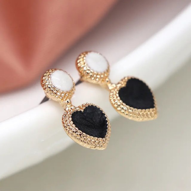 POM Faux Gold Edged Heart & Circle Stud Earrings with Black/White Enamel