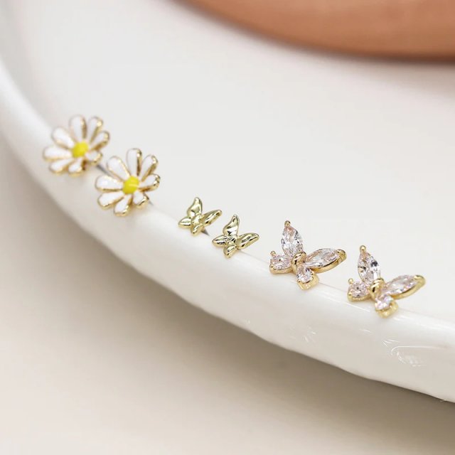 POM Faux Gold Plated Enamelled Daisy & Crystal Butterfly Studs 3 Pair Pack