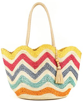 POM Multicolour Wavy Lined Jute Woven Bag with Tassel