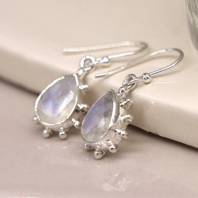 POM Rainbow Moonstone Facet Teardrop Silver Studded Earrings