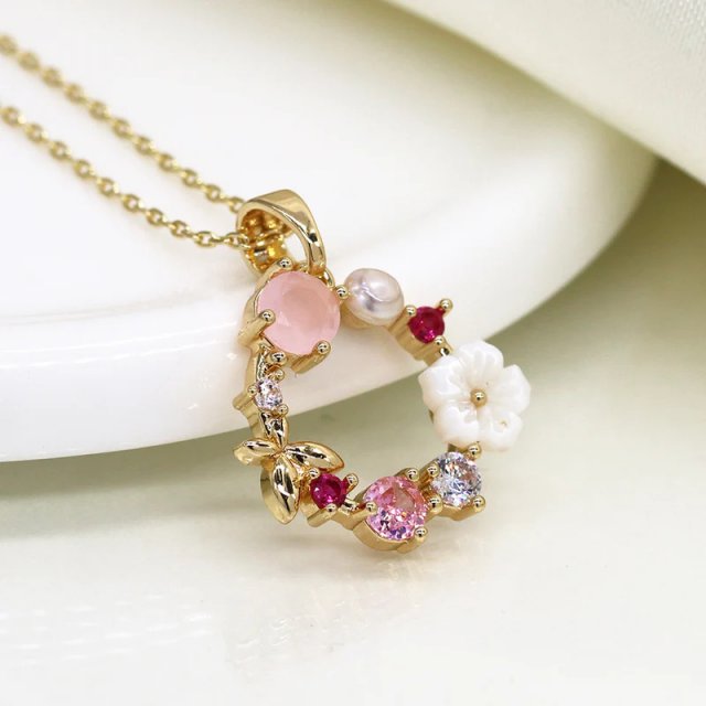 POM Shell/Pink Mix Floral Wreath Faux Gold Plated Necklace