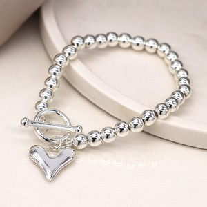 POM Silver Plated Bead Bracelet with Heart & T-Bar Closure