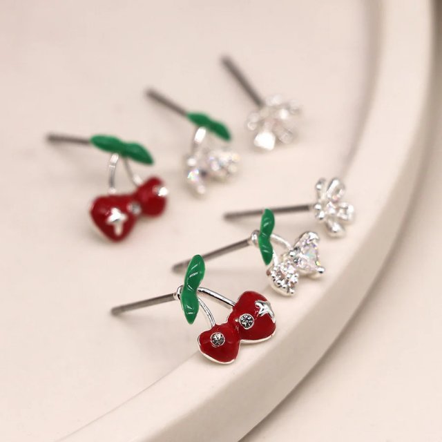 POM Silver Plated Cherry Studs 3-Pair Pack