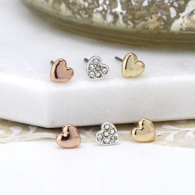 POM Small Gold/Silver Heart Studs Pack of 3