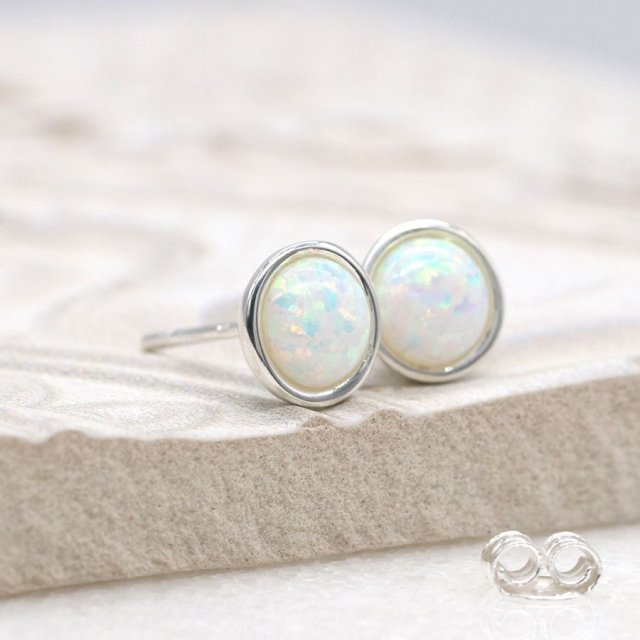 POM Sterling Silver Round Synth White Opal Stud