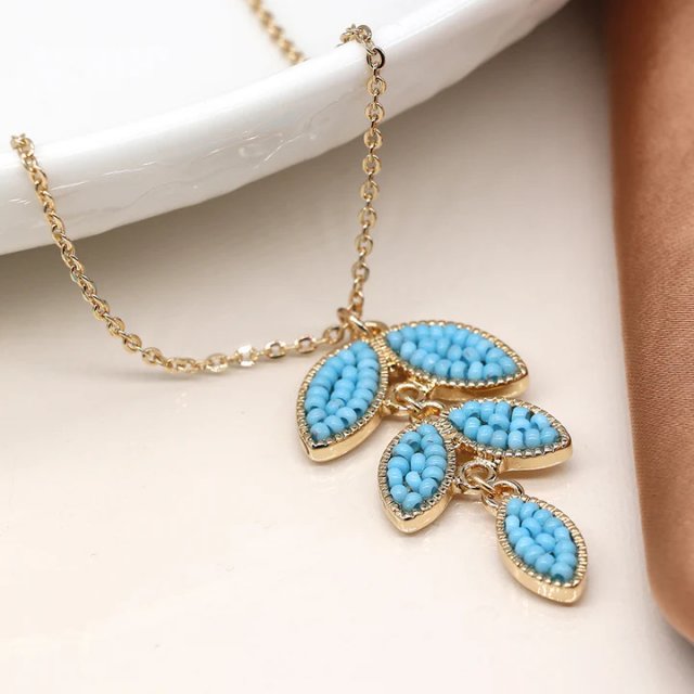 POM Turquoise Beaded Leaf Pendant Necklace